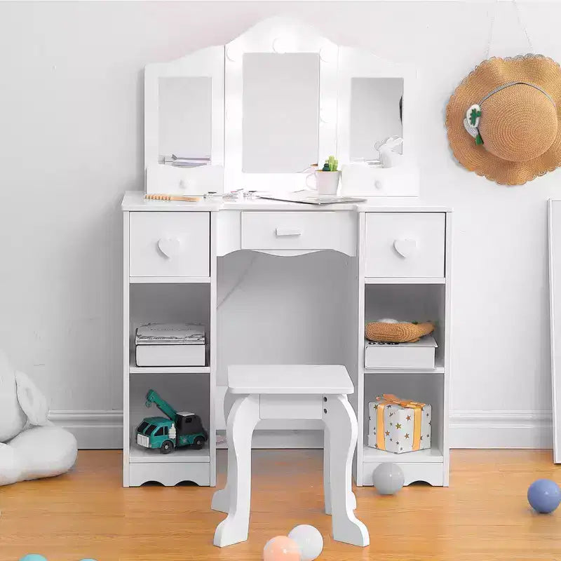 Set da trucco per bambini con specchio a tre ante, tavolo da trucco e sgabello in legno 2 in 1 per bambini piccoli, toeletta giocattolo da principessa con cassetto per bambine