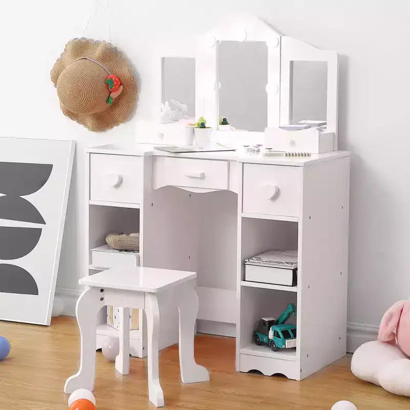 Set da trucco per bambini con specchio a tre ante, tavolo da trucco e sgabello in legno 2 in 1 per bambini piccoli, toeletta giocattolo da principessa con cassetto per bambine