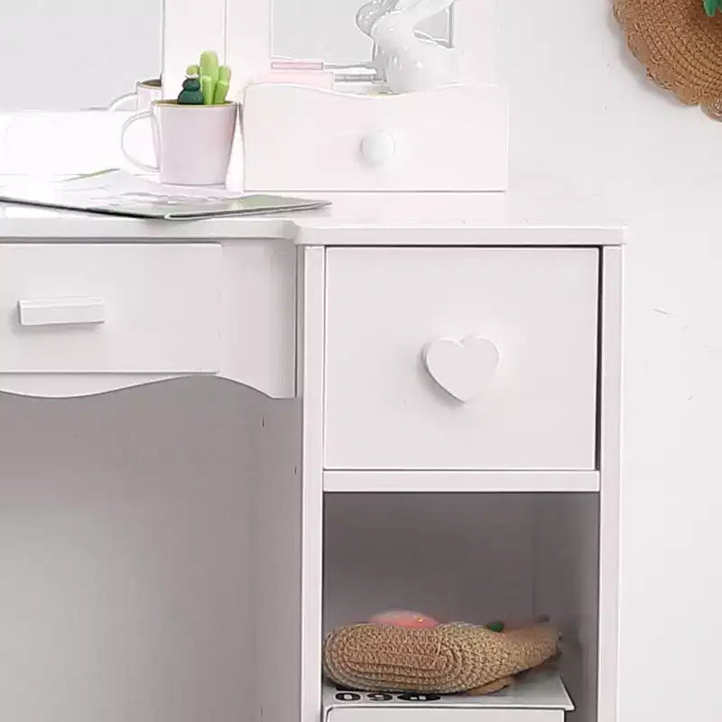 Set da trucco per bambini con specchio a tre ante, tavolo da trucco e sgabello in legno 2 in 1 per bambini piccoli, toeletta giocattolo da principessa con cassetto per bambine