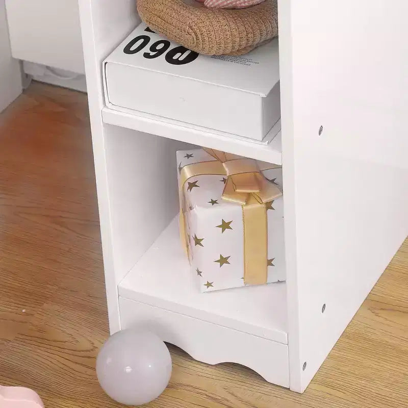 Set da trucco per bambini con specchio a tre ante, tavolo da trucco e sgabello in legno 2 in 1 per bambini piccoli, toeletta giocattolo da principessa con cassetto per bambine