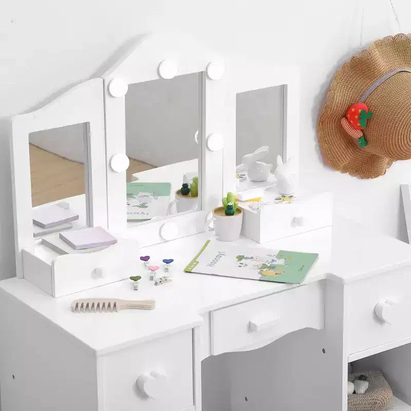 Set da trucco per bambini con specchio a tre ante, tavolo da trucco e sgabello in legno 2 in 1 per bambini piccoli, toeletta giocattolo da principessa con cassetto per bambine