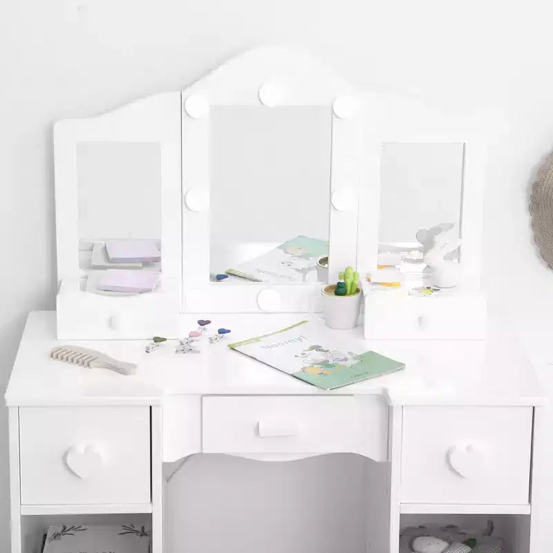 Set da trucco per bambini con specchio a tre ante, tavolo da trucco e sgabello in legno 2 in 1 per bambini piccoli, toeletta giocattolo da principessa con cassetto per bambine