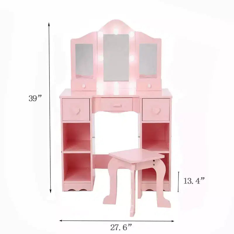 Set da trucco per bambini con specchio a tre ante, tavolo da trucco e sgabello in legno 2 in 1 per bambini piccoli, toeletta giocattolo da principessa con cassetto per bambine