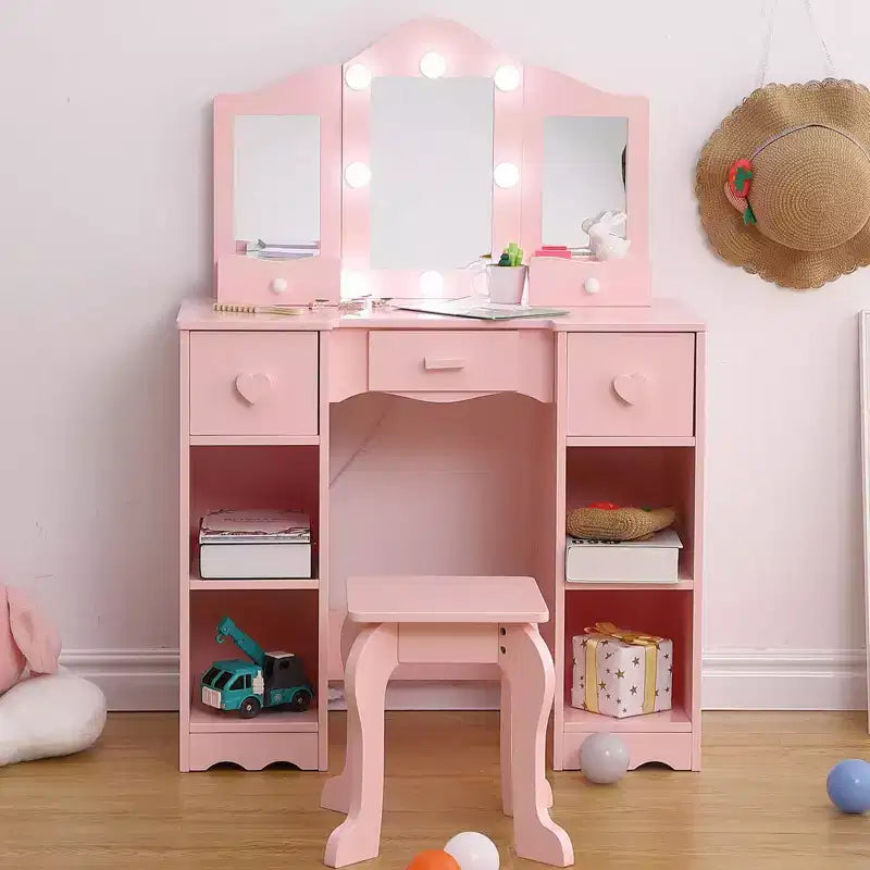 Set da trucco per bambini con specchio a tre ante, tavolo da trucco e sgabello in legno 2 in 1 per bambini piccoli, toeletta giocattolo da principessa con cassetto per bambine