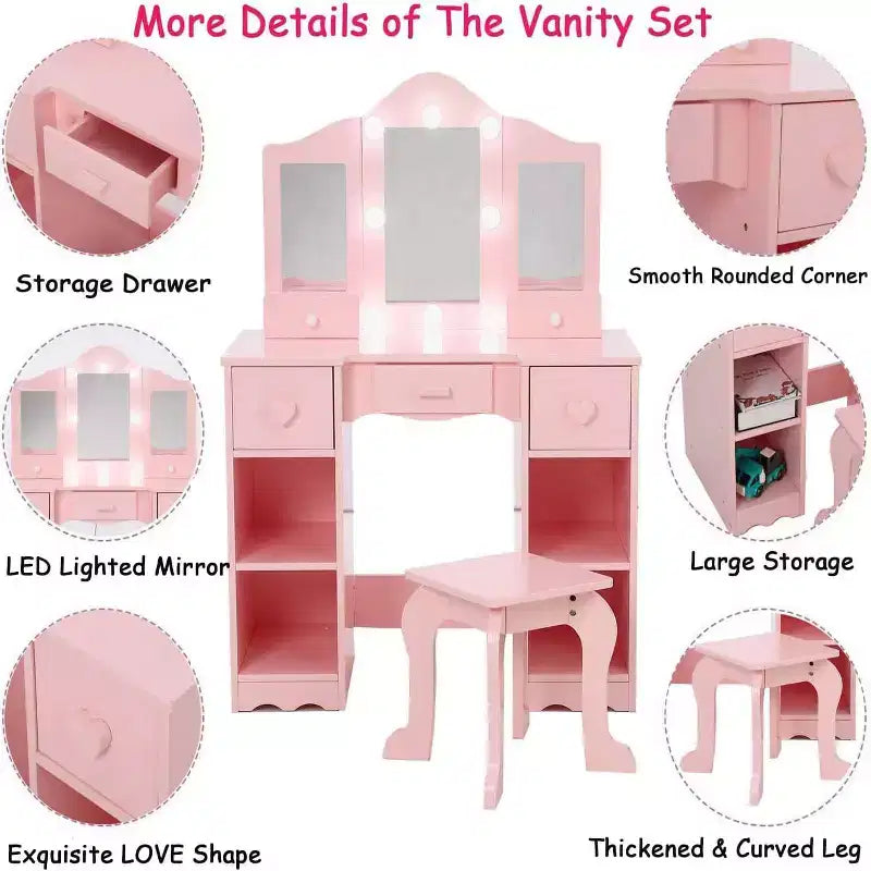 Set da trucco per bambini con specchio a tre ante, tavolo da trucco e sgabello in legno 2 in 1 per bambini piccoli, toeletta giocattolo da principessa con cassetto per bambine
