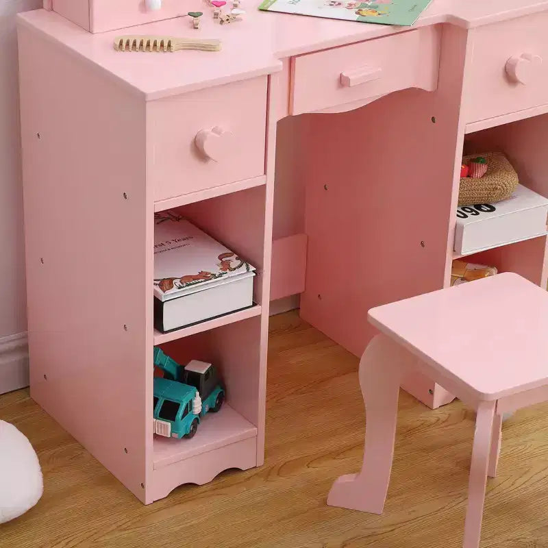 Set da trucco per bambini con specchio a tre ante, tavolo da trucco e sgabello in legno 2 in 1 per bambini piccoli, toeletta giocattolo da principessa con cassetto per bambine