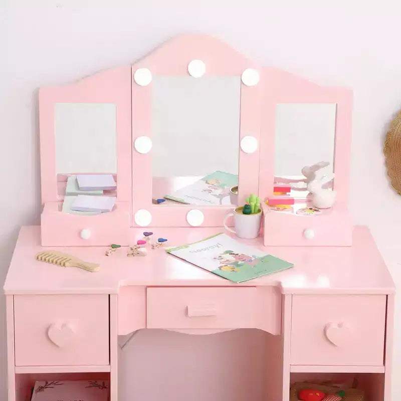 Set da trucco per bambini con specchio a tre ante, tavolo da trucco e sgabello in legno 2 in 1 per bambini piccoli, toeletta giocattolo da principessa con cassetto per bambine