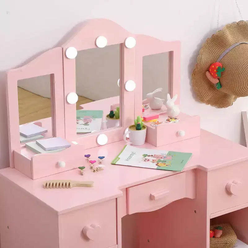 Set da trucco per bambini con specchio a tre ante, tavolo da trucco e sgabello in legno 2 in 1 per bambini piccoli, toeletta giocattolo da principessa con cassetto per bambine