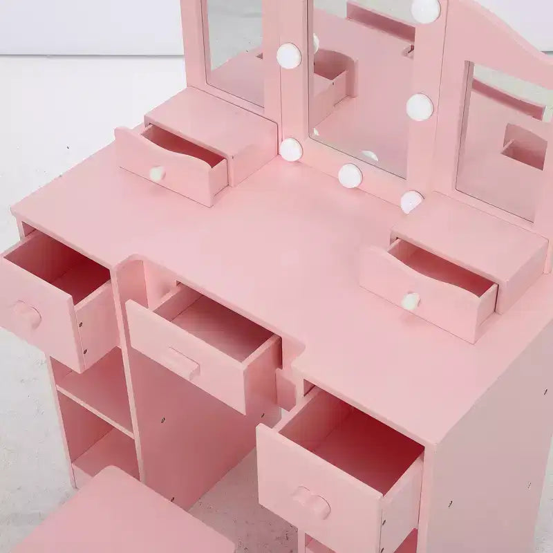 Set da trucco per bambini con specchio a tre ante, tavolo da trucco e sgabello in legno 2 in 1 per bambini piccoli, toeletta giocattolo da principessa con cassetto per bambine