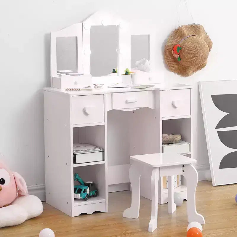 Set da trucco per bambini con specchio a tre ante, tavolo da trucco e sgabello in legno 2 in 1 per bambini piccoli, toeletta giocattolo da principessa con cassetto per bambine