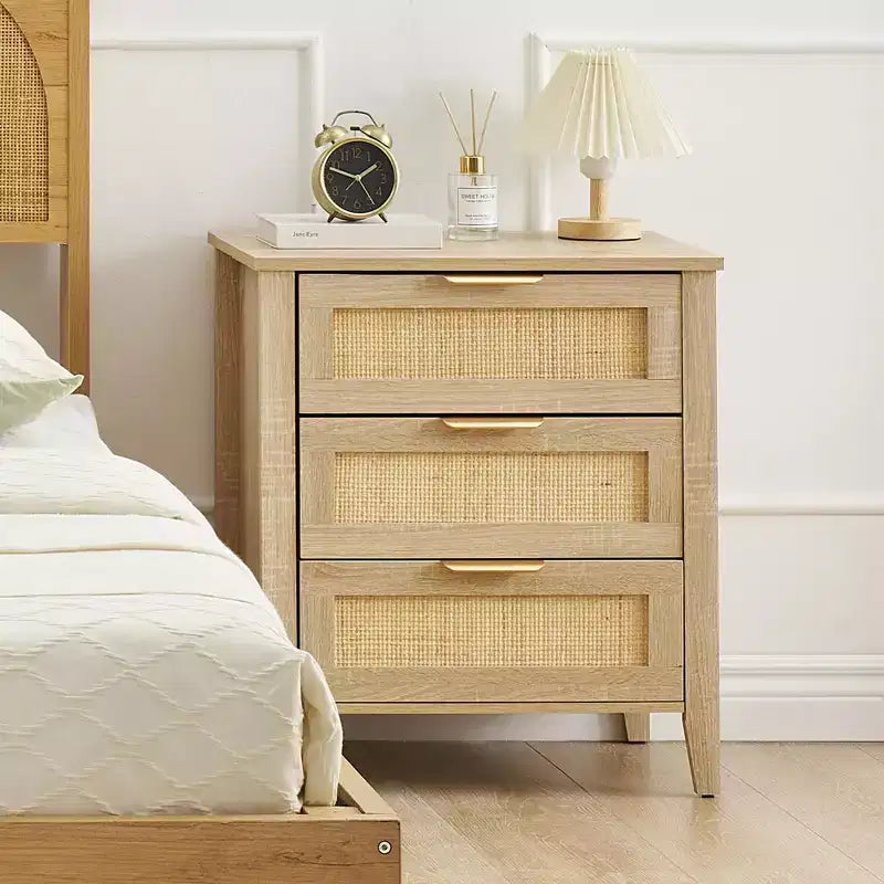 Acekool Rattan Nightstand, 3 Drawer Boho Bedside Table, Modern Storage, Wood Legs, for Bedroom or Living Room, Natural