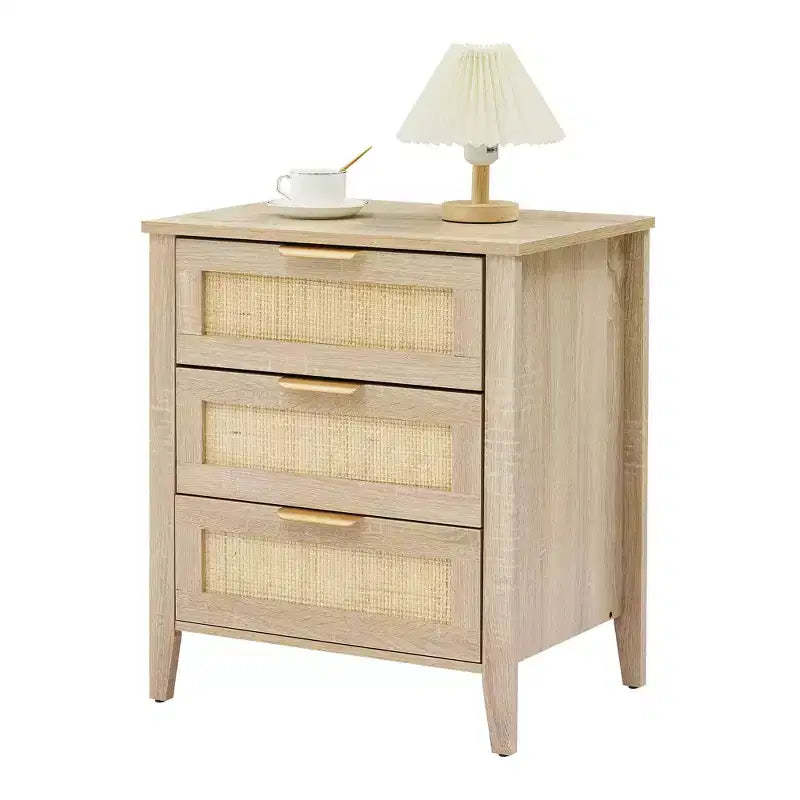 Comodino Acekool in Rattan, Comodino Boho a 3 Cassetti, Mobile Contenitore Moderno, Gambe in Legno, per Camera da Letto o Soggiorno, Naturale