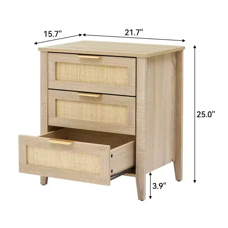 Comodino Acekool in Rattan, Comodino Boho a 3 Cassetti, Mobile Contenitore Moderno, Gambe in Legno, per Camera da Letto o Soggiorno, Naturale