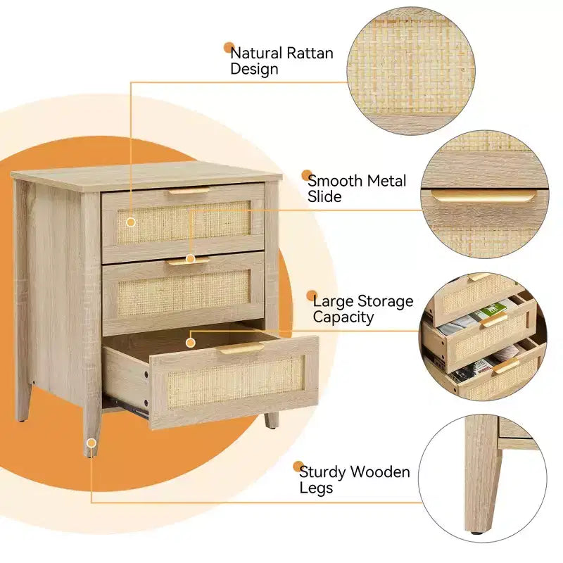 Comodino Acekool in Rattan, Comodino Boho a 3 Cassetti, Mobile Contenitore Moderno, Gambe in Legno, per Camera da Letto o Soggiorno, Naturale