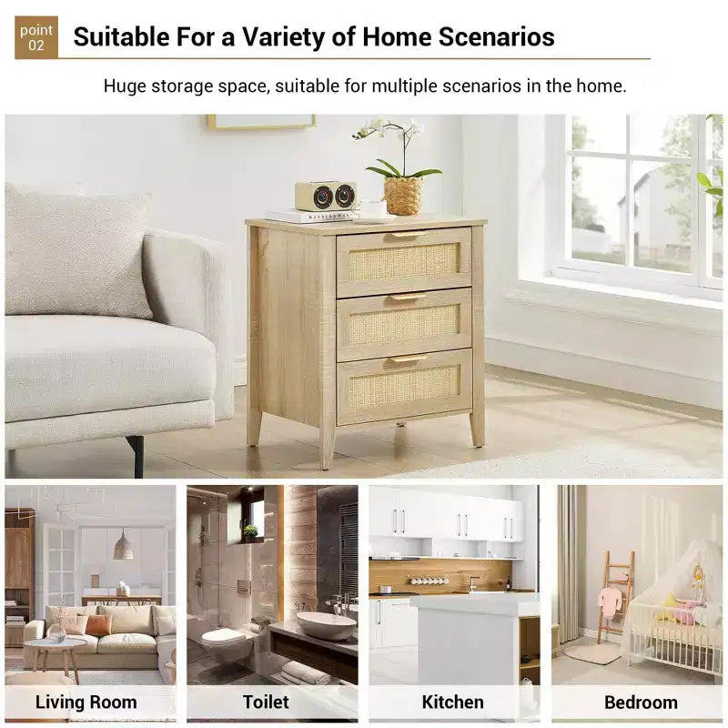 Comodino Acekool in Rattan, Comodino Boho a 3 Cassetti, Mobile Contenitore Moderno, Gambe in Legno, per Camera da Letto o Soggiorno, Naturale