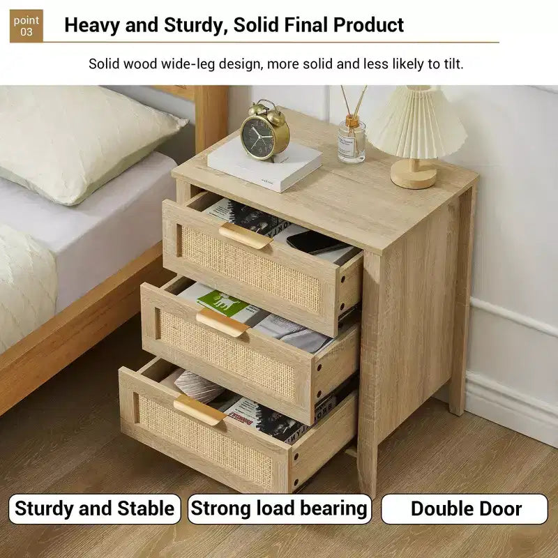 Comodino Acekool in Rattan, Comodino Boho a 3 Cassetti, Mobile Contenitore Moderno, Gambe in Legno, per Camera da Letto o Soggiorno, Naturale