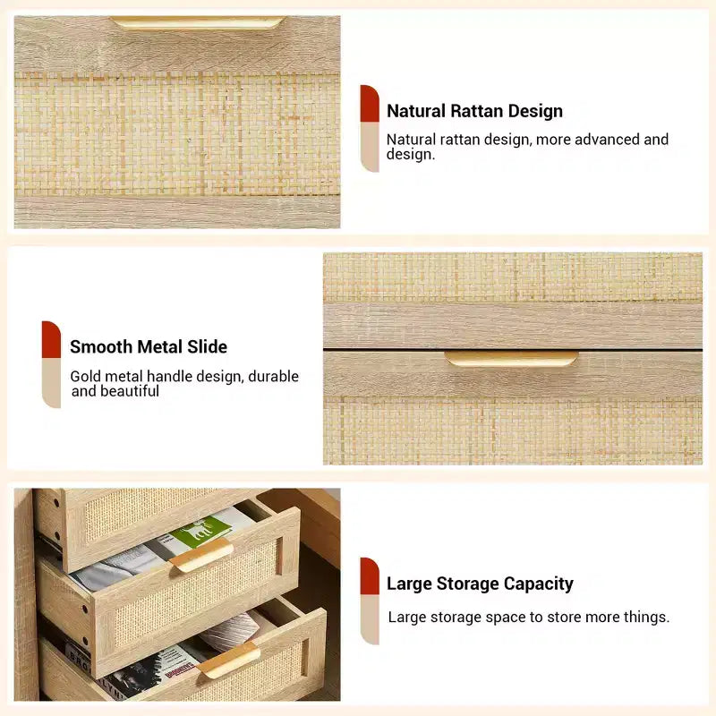 Comodino Acekool in Rattan, Comodino Boho a 3 Cassetti, Mobile Contenitore Moderno, Gambe in Legno, per Camera da Letto o Soggiorno, Naturale