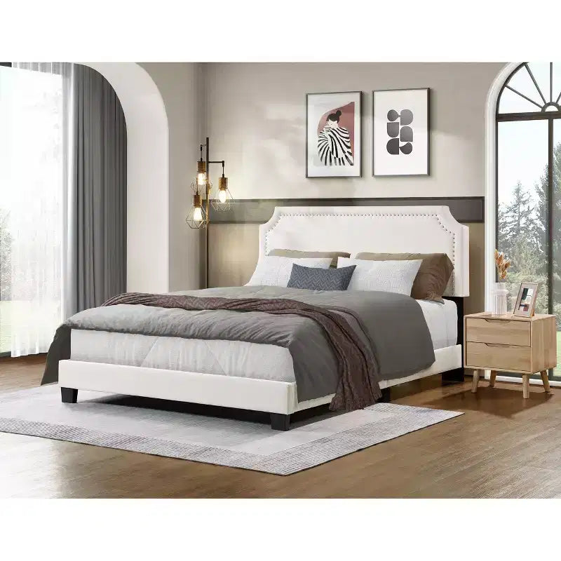 Okak Queen/Full Size Struttura Letto Matrimoniale/Doppia con Testiera Imbottita in Lino, Letto a Piattaforma Moderno Senza Necessità di Rete a Molle