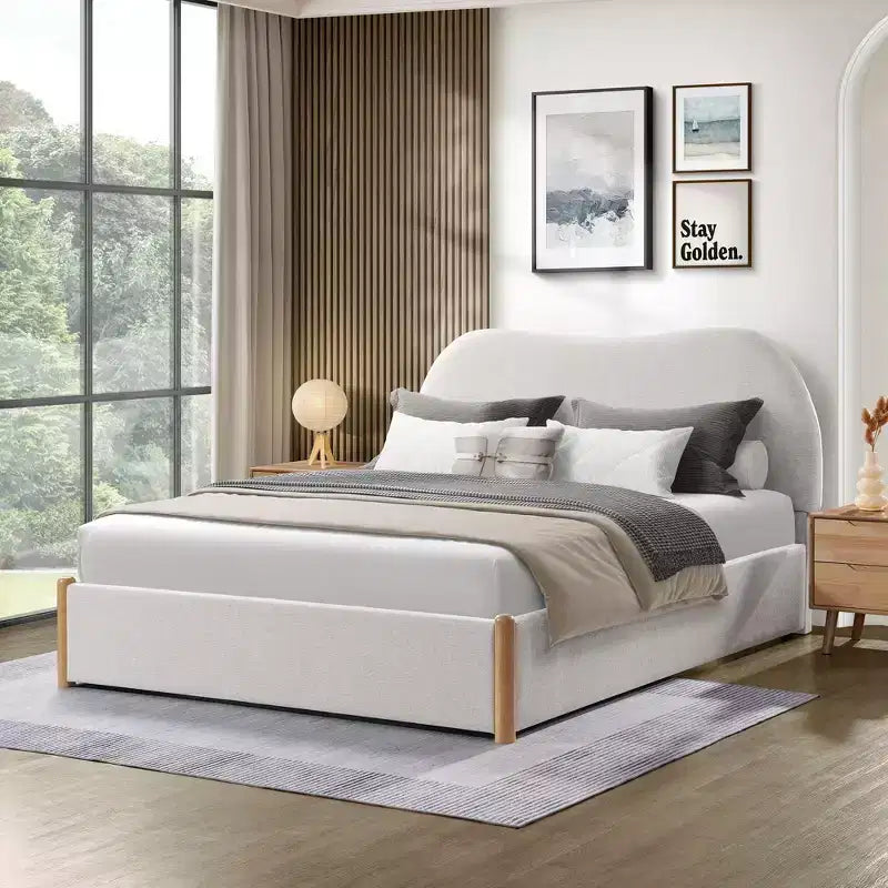Okak Queen/Full Size Struttura Letto Matrimoniale/Doppia con Testiera Imbottita in Lino, Letto a Piattaforma Moderno Senza Necessità di Rete a Molle