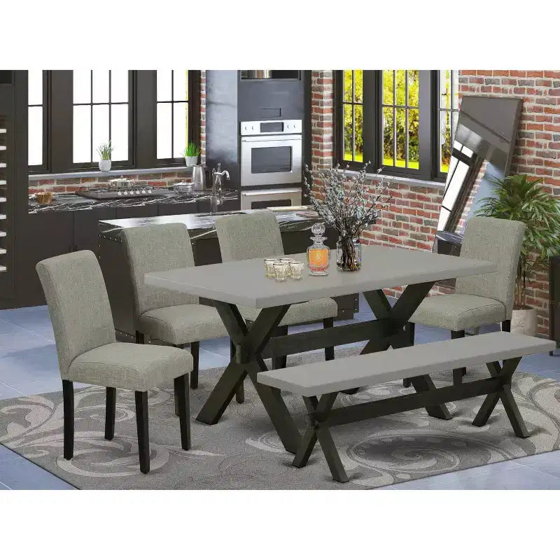 Tavolo da pranzo HomeStock 6 pezzi con piano rettangolare in legno massello finitura rovere naturale, 1 panca, 4 sedie