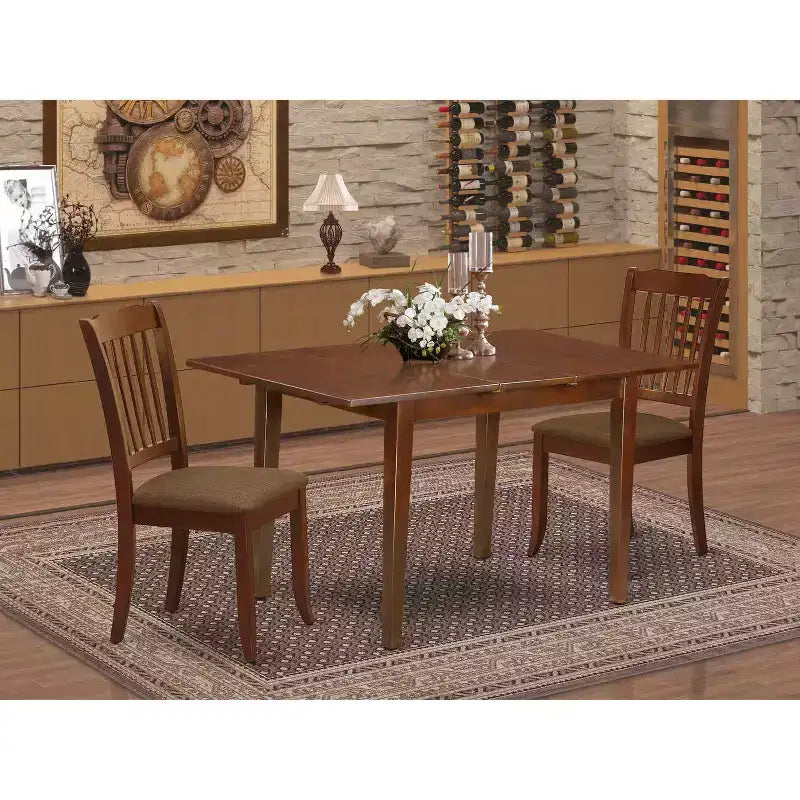 HomeStock Set da Pranzo 3 Pezzi con Tavolo Rettangolare in Legno Massello con Finitura Mogano e Allunga a Farfalla