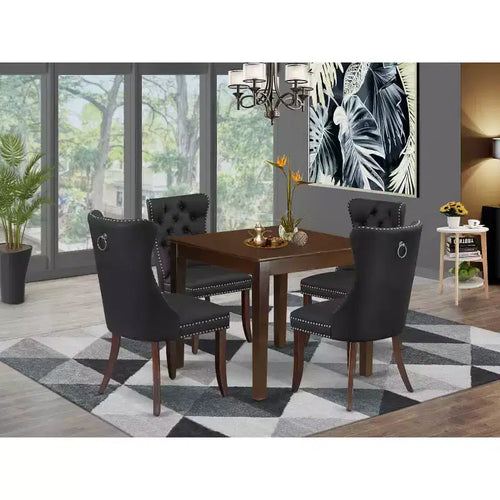 Set da pranzo imbottito da 4 posti, 5 pezzi in legno massello con finitura mogano - piano quadrato