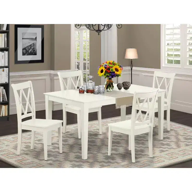 HomeStock Set da Pranzo Rettangolare da 5 Pezzi in Legno Massello con Finitura Bianco Lino - 4 Posti