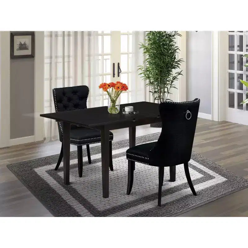 HomeStock Set tavolo da pranzo rettangolare 3 pezzi con piano in legno massello finitura nera e prolunga a farfalla