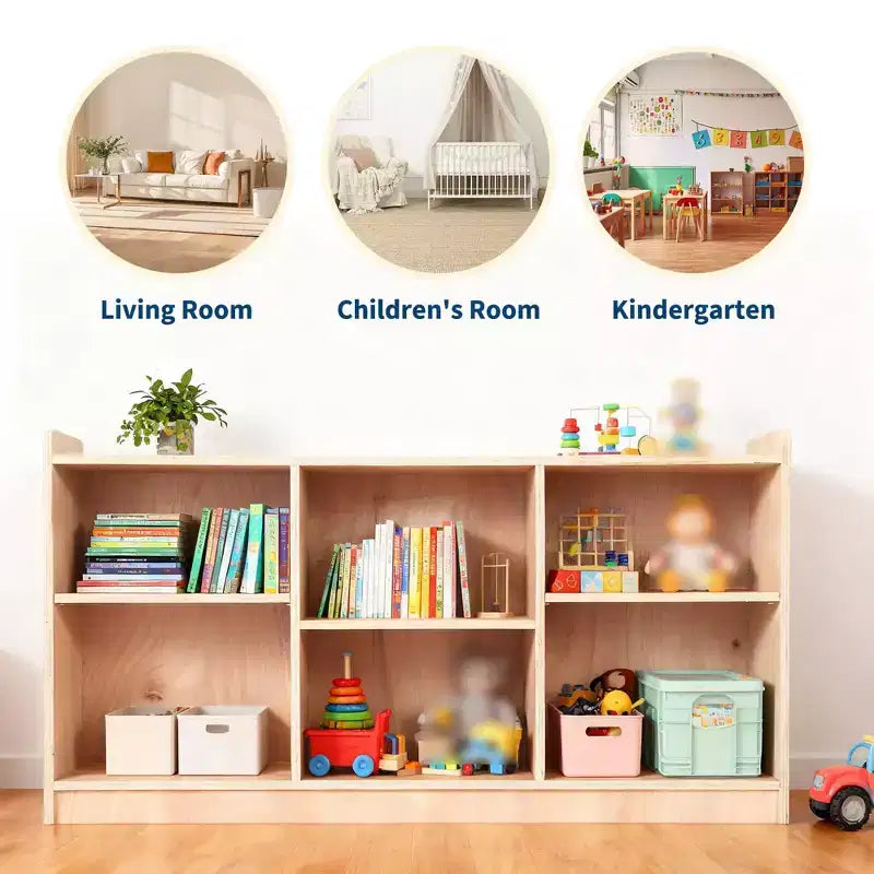 Scaffale Montessori in Legno, Organizer per Giocattoli e Libri a 6 Scomparti con Divisori Regolabili, Libreria per Bambini con Finitura Naturale per Sale Giochi, Camerette