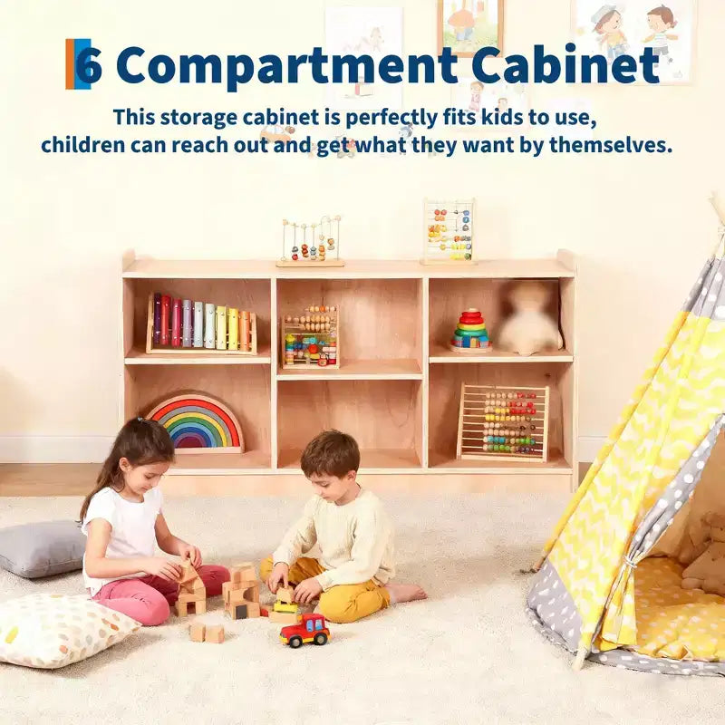 Scaffale Montessori in Legno, Organizer per Giocattoli e Libri a 6 Scomparti con Divisori Regolabili, Libreria per Bambini con Finitura Naturale per Sale Giochi, Camerette