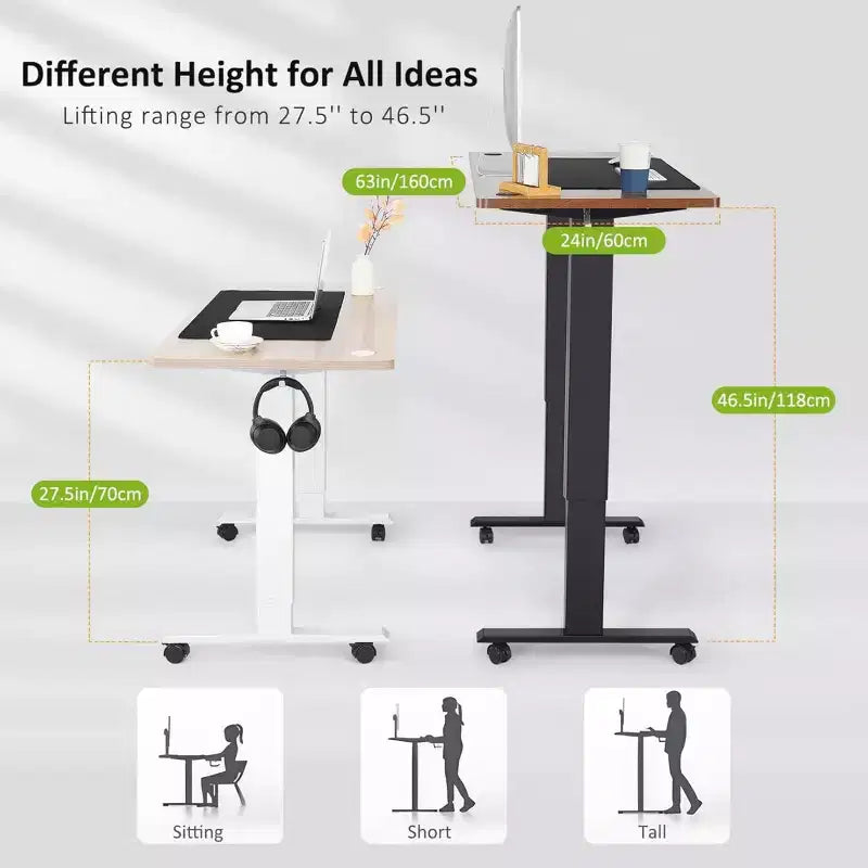 HOMDOX Scrivania Computer Elettrica Regolabile in Altezza 63 x 24 con Piano Ergonomico Curvo, Presa Elettrica, Ruote Bloccabili, Range di Sollevamento 27''-46''