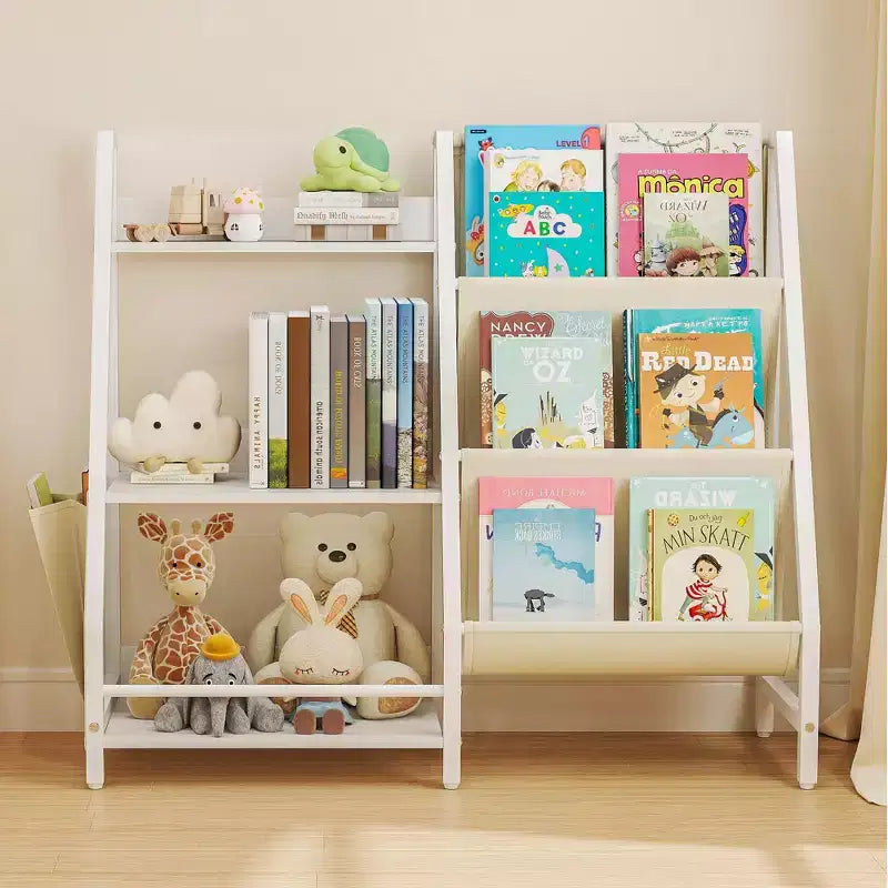 Libreria per bambini a 3 ripiani e organizer per giocattoli con tasche in tessuto a fionda