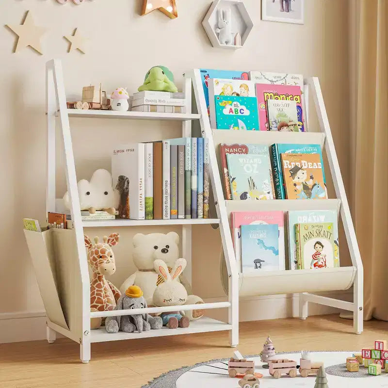 Libreria per bambini a 3 ripiani e organizer per giocattoli con tasche in tessuto a fionda