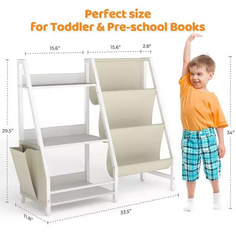 Libreria per bambini a 3 ripiani e organizer per giocattoli con tasche in tessuto a fionda