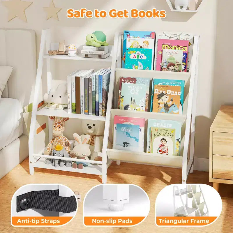 Libreria per bambini a 3 ripiani e organizer per giocattoli con tasche in tessuto a fionda