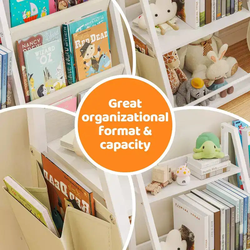 Libreria per bambini a 3 ripiani e organizer per giocattoli con tasche in tessuto a fionda