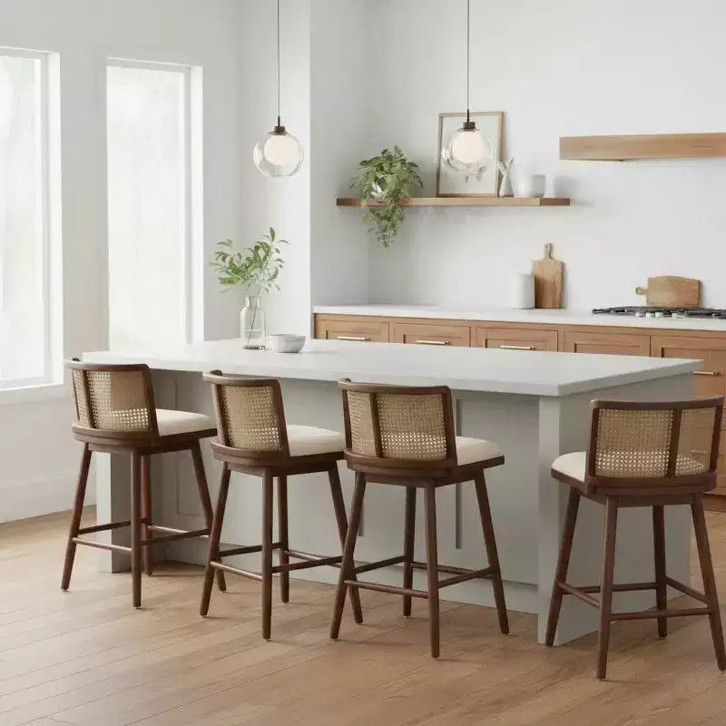 Christopher Knight Home Nilo Modern Woven Rattan Rubberwood Upholstered Counter Stools with Rattan Curved Backrest (Set of 4)