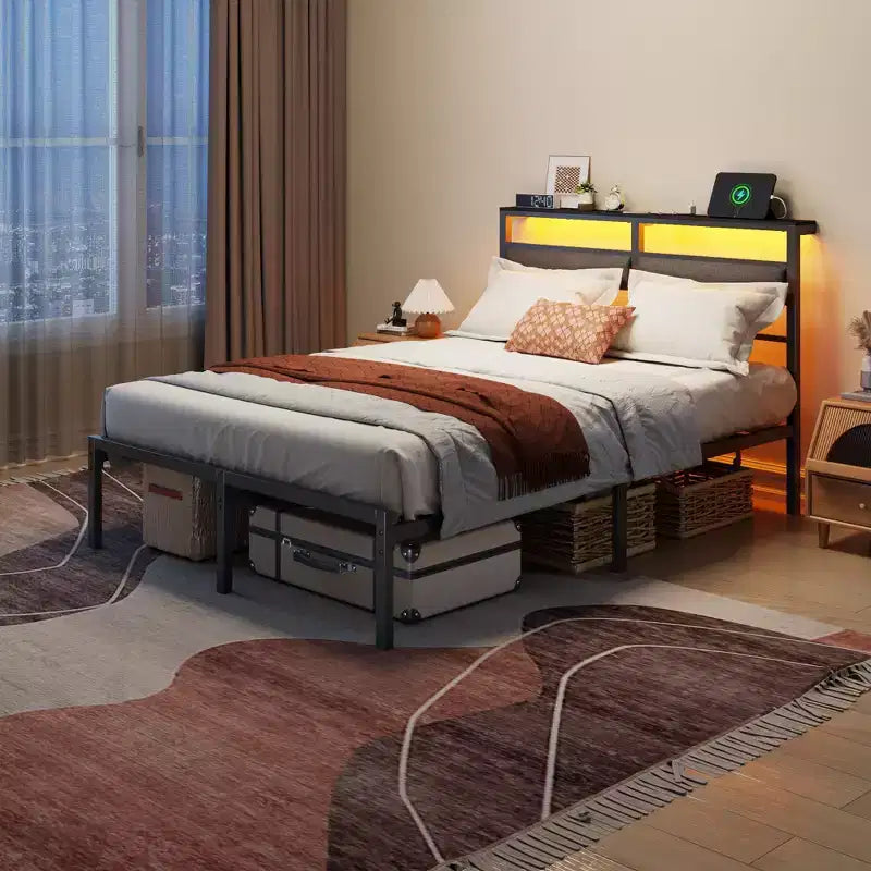 Letto matrimoniale moderno in metallo con piattaforma, testiera contenitore, luci LED RGB, stazione di ricarica con porte USB, senza bisogno di rete, silenzioso, colore nero