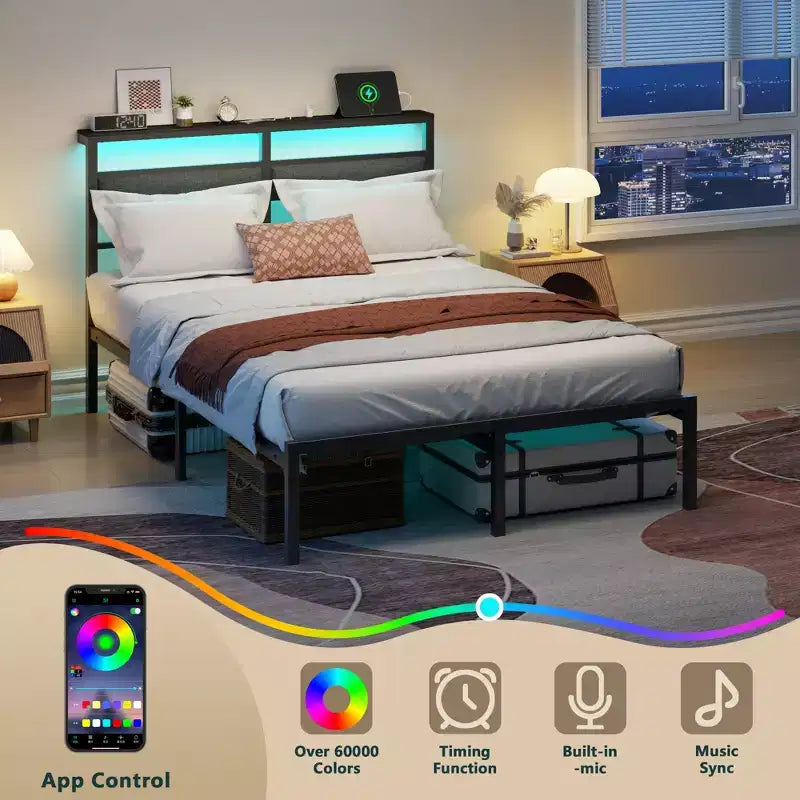 Letto matrimoniale moderno in metallo con piattaforma, testiera contenitore, luci LED RGB, stazione di ricarica con porte USB, senza bisogno di rete, silenzioso, colore nero