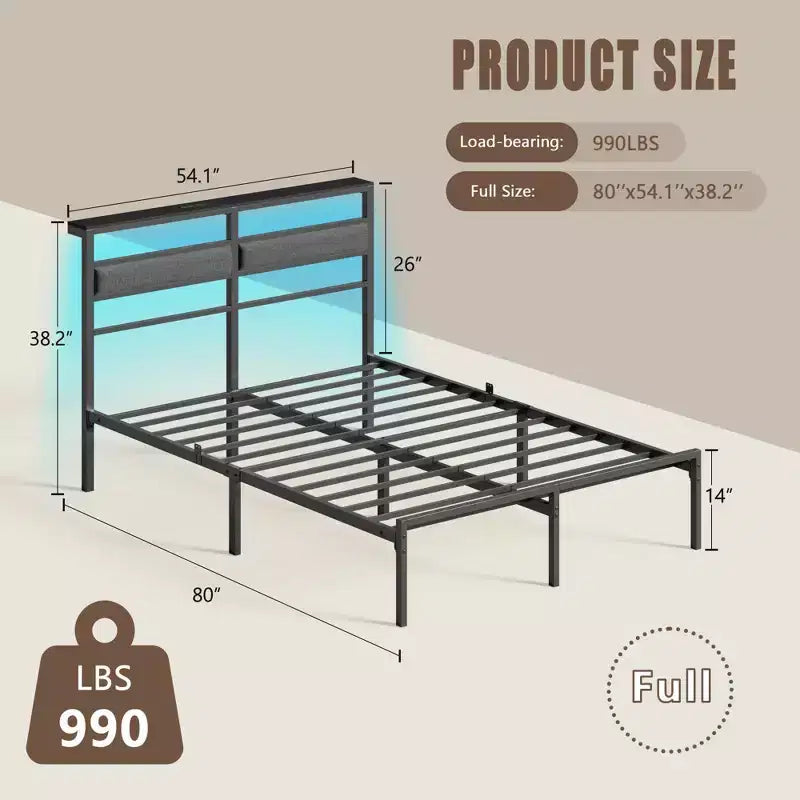 Letto matrimoniale moderno in metallo con piattaforma, testiera contenitore, luci LED RGB, stazione di ricarica con porte USB, senza bisogno di rete, silenzioso, colore nero