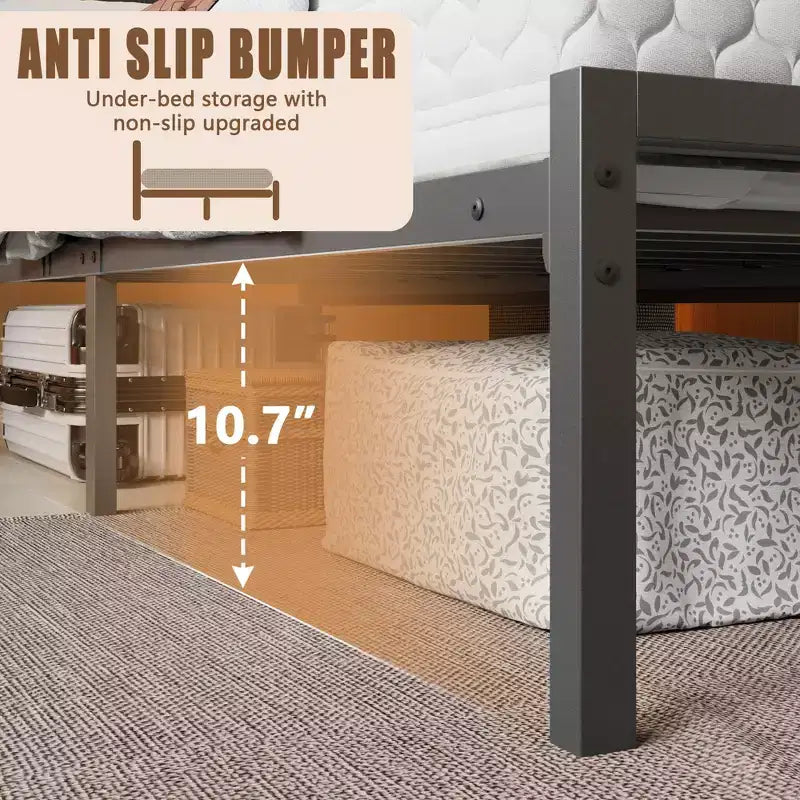 Letto matrimoniale moderno in metallo con piattaforma, testiera contenitore, luci LED RGB, stazione di ricarica con porte USB, senza bisogno di rete, silenzioso, colore nero