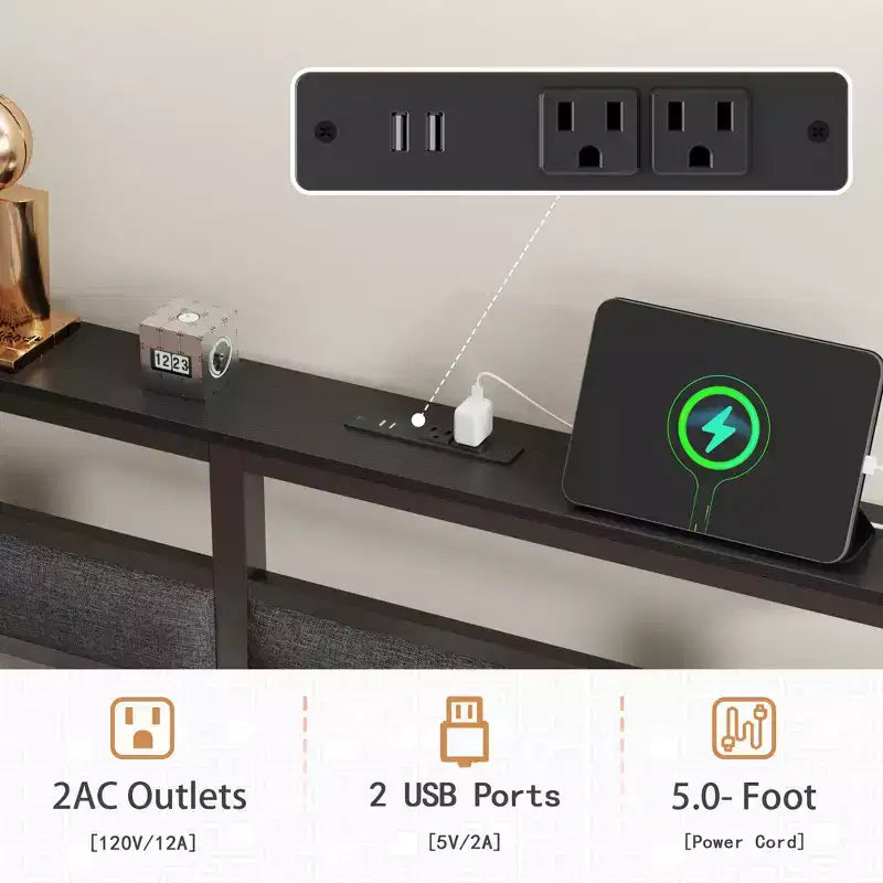 Letto matrimoniale moderno in metallo con piattaforma, testiera contenitore, luci LED RGB, stazione di ricarica con porte USB, senza bisogno di rete, silenzioso, colore nero
