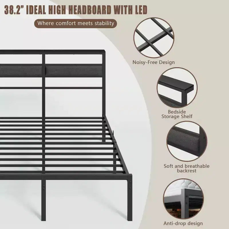 Letto matrimoniale moderno in metallo con piattaforma, testiera contenitore, luci LED RGB, stazione di ricarica con porte USB, senza bisogno di rete, silenzioso, colore nero