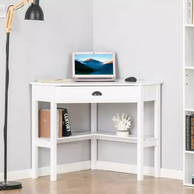 Scrivania angolare, scrivania triangolare per computer con cassetto e ripiani portaoggetti per piccoli spazi, postazione di lavoro per ufficio domestico per soggiorno o camera da letto