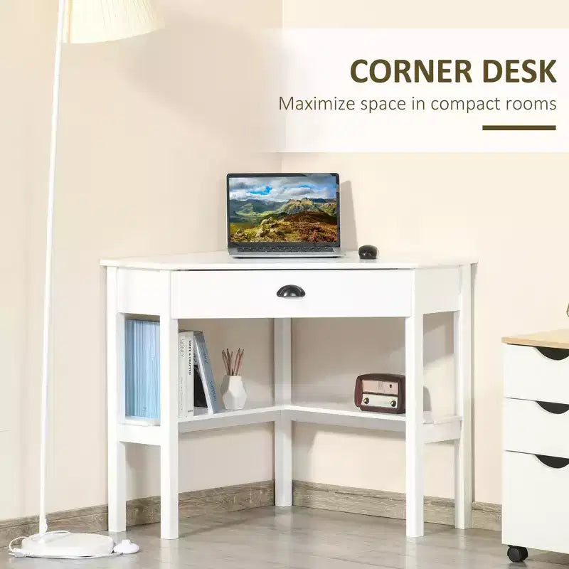 Scrivania angolare, scrivania triangolare per computer con cassetto e ripiani portaoggetti per piccoli spazi, postazione di lavoro per ufficio domestico per soggiorno o camera da letto