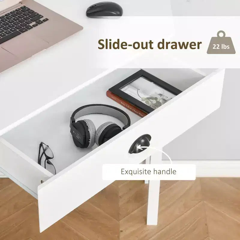 Scrivania angolare, scrivania triangolare per computer con cassetto e ripiani portaoggetti per piccoli spazi, postazione di lavoro per ufficio domestico per soggiorno o camera da letto