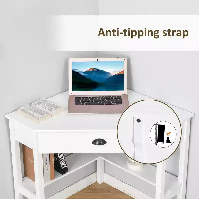 Scrivania angolare, scrivania triangolare per computer con cassetto e ripiani portaoggetti per piccoli spazi, postazione di lavoro per ufficio domestico per soggiorno o camera da letto