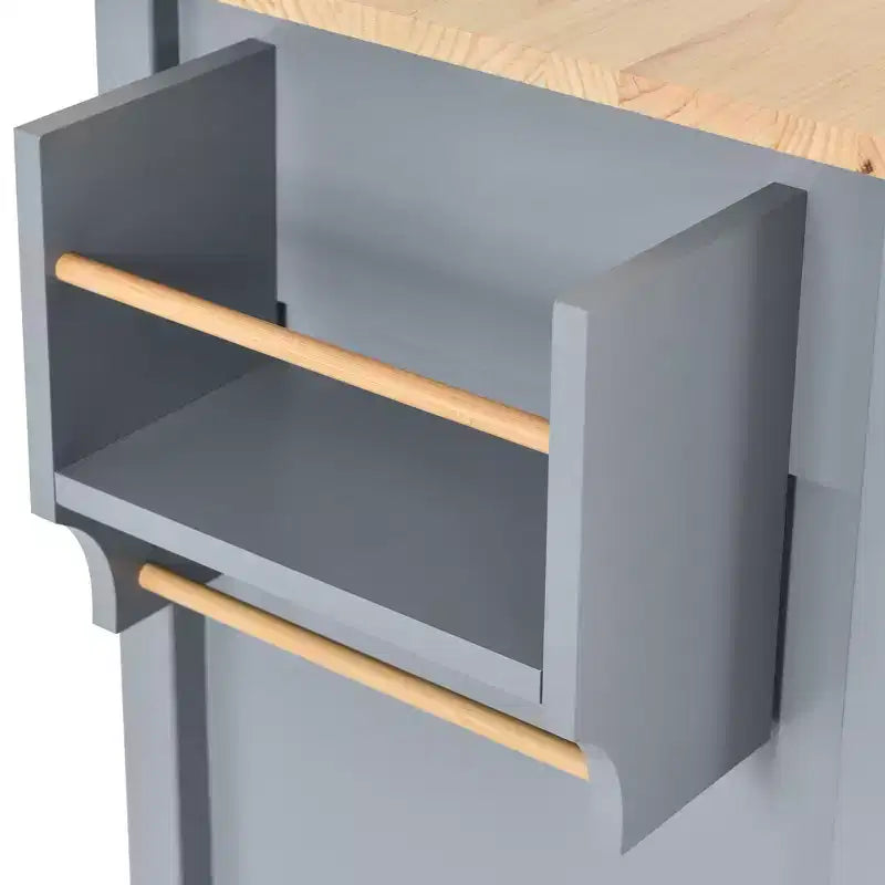 PexFix Carrello da Cucina ad Isola da 137,9 cm con Piano in Legno Massello e Ruote Bloccabili, Mobile a 4 Ante, Due Cassetti, Portaspezie e Portasciugamani, Blu