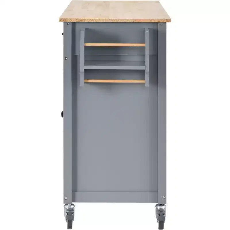 PexFix Carrello da Cucina ad Isola da 137,9 cm con Piano in Legno Massello e Ruote Bloccabili, Mobile a 4 Ante, Due Cassetti, Portaspezie e Portasciugamani, Blu
