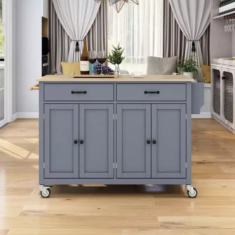 PexFix Carrello da Cucina ad Isola da 137,9 cm con Piano in Legno Massello e Ruote Bloccabili, Mobile a 4 Ante, Due Cassetti, Portaspezie e Portasciugamani, Blu